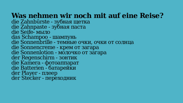 Was nehmen wir noch mit auf eine Reise?  die Zahnbürste - зубная щетка  die Zahnpaste - зубная паста  die Seife- мыло  das Schampoo - шампунь  die Sonnenbrille - темные очки, очки от солнца  die Sonnencreme - крем от загара  die Sonnenlotion - молочко от загара  der Regenschirm - зонтик  die Kamera - фотоаппарат  die Batterien - батарейки  der Player - плеер  der Stecker - переходник   
