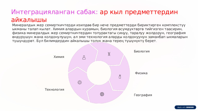  Интеграцияланган сабак: ар кыл предметтердин айкалышы Минералдык жер семирткичтерди изилдөө бир нече предметтерди бириктирген комплекстүү ыкманы талап кылат. Химия алардын курамын, биология өсүмдүктөргө тийгизген таасирин, физика минералдык жер семирткичтердин топурактагы сиңүү, таралуу жолдорун, география өндүрүшүн жана колдонулушун, ал эми технология аларды колдонуунун заманбап ыкмаларын түшүндүрөт. Бул билимдердин айкалышы толук жана терең түшүнүктү берет . Биология Химия Физика Технология География 