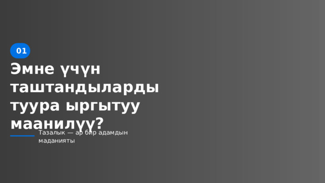  01 Эмне үчүн таштандыларды туура ыргытуу маанилүү? Тазалык — ар бир адамдын маданияты 