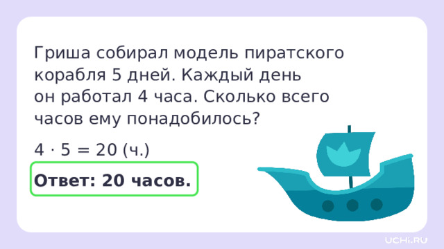 Гриша собирал модель пиратского корабля 5 дней. Каждый день  он работал 4 часа. Сколько всего часов ему понадобилось? 4 · 5 = 20 (ч.) Ответ: 20 часов. Проверка  — Измените текст задачи так, чтобы она решалась в два действия. — Кто хочет поделиться своей задачей? — Давайте решим задачу.  