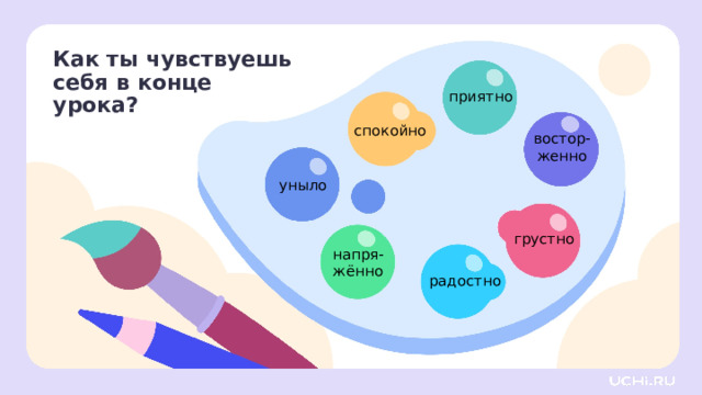 Как ты чувствуешь себя в конце урока? приятно спокойно востор- женно уныло грустно напря-  жённо радостно Рефлексия. Оценка эмоционального состояния  — Укажите на тот цвет, который описывает ваше настроение в конце урока. 