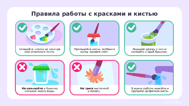 Правила работы с красками и кистью Открытие нового знания — Перед тем как мы приступим к работе, давайте назовём правила работы с красками и кистью. 