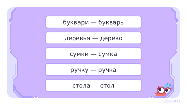 буквари — букварь деревья — дерево сумки — сумка Открытие нового знания  — Определите род каждого слова. Для этого используйте вспомогательные местоимения. (Букварь, стол — мужской род; сумка, ручка — женский род; дерево — средний род.) — Давайте составим алгоритм определения рода имён существительных не в начальной форме. — Что необходимо выполнить в первую очередь? (Поставить имя существительное в начальную форму: единственное число, отвечает на вопросы «кто?» или «что?».) — Затем, что необходимо выполнить? (Подставить вспомогательные местоимения: мужской род — он, мой; женский род — она, моя; средний род — оно, моё.) — И затем? (Определить род имени существительного.) ручку — ручка стола — стол  