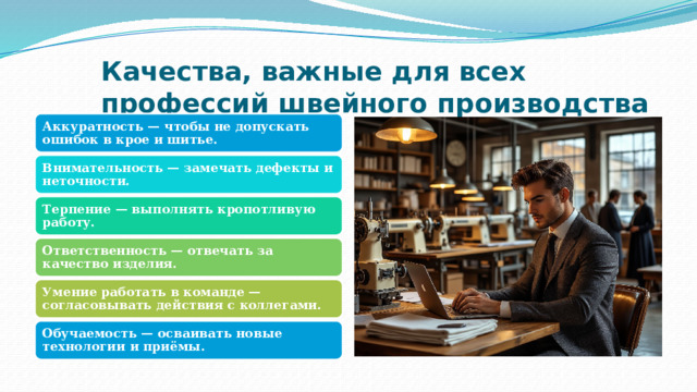 Качества, важные для всех профессий швейного производства Аккуратность — чтобы не допускать ошибок в крое и шитье. Внимательность — замечать дефекты и неточности. Терпение — выполнять кропотливую работу. Ответственность — отвечать за качество изделия. Умение работать в команде — согласовывать действия с коллегами. Обучаемость — осваивать новые технологии и приёмы. 