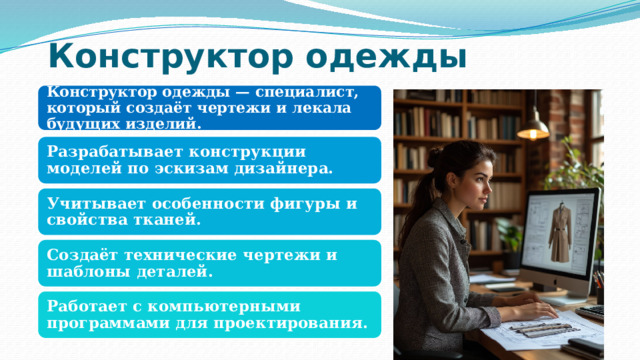 Конструктор одежды Конструктор одежды — специалист, который создаёт чертежи и лекала будущих изделий. Разрабатывает конструкции моделей по эскизам дизайнера. Учитывает особенности фигуры и свойства тканей. Создаёт технические чертежи и шаблоны деталей. Работает с компьютерными программами для проектирования. 