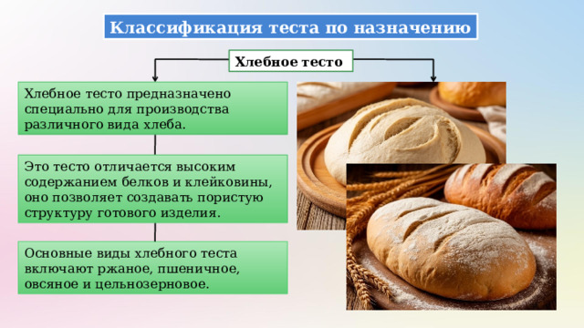 Классификация теста по назначению Хлебное тесто Хлебное тесто предназначено специально для производства различного вида хлеба. Это тесто отличается высоким содержанием белков и клейковины, оно позволяет создавать пористую структуру готового изделия. Основные виды хлебного теста включают ржаное, пшеничное, овсяное и цельнозерновое. 