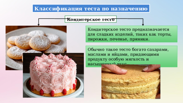 Классификация теста по назначению Кондитерское тесто Кондитерское тесто предназначается для сладких изделий, таких как торты, пирожки, печенье, пряники. Обычно такое тесто богато сахарами, маслами и яйцами, придающими продукту особую мягкость и насыщенный вкус. 