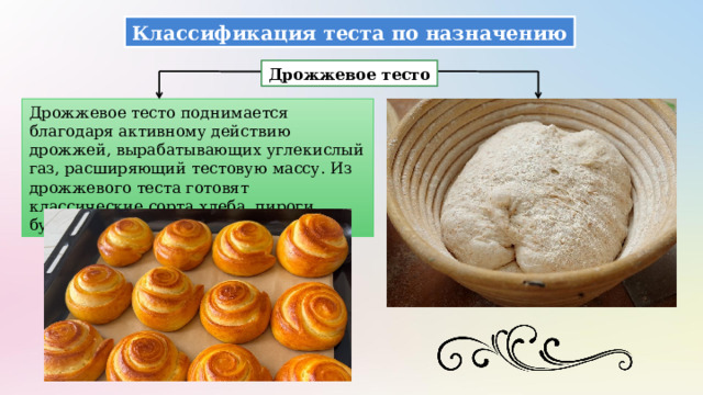 Классификация теста по назначению Дрожжевое тесто Дрожжевое тесто поднимается благодаря активному действию дрожжей, вырабатывающих углекислый газ, расширяющий тестовую массу. Из дрожжевого теста готовят классические сорта хлеба, пироги, булочки и пиццу. 