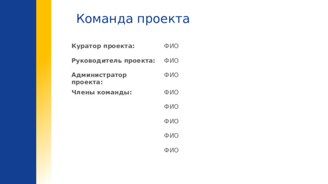 Команда проекта Куратор проекта: ФИО Руководитель проекта: ФИО Администратор проекта: ФИО Члены команды: ФИО ФИО ФИО ФИО ФИО 