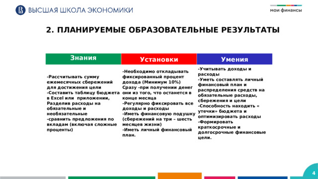 2. ПЛАНИРУЕМЫЕ ОБРАЗОВАТЕЛЬНЫЕ РЕЗУЛЬТАТЫ  Знания -Рассчитывать сумму ежемесячных сбережений для достижения цели   Установки -Необходимо откладывать фиксированный процент дохода (Минимум 10%) Сразу -при получении денег они из того, что останется в конце месяца -Составить таблицу бюджета в Excel или приложении, Разделив расходы на обязательные и необязательные Умения -сравнить предложения по вкладам (включая сложные проценты) -Учитывать доходы и расходы -Регулярно фиксировать все доходы и расходы -Иметь финансовую подушку (сбережений на три – шесть месяцев жизни) -Уметь составлять личный финансовый план и распределения средств на обязательные расходы, сбережения и цели -Иметь личный финансовый план. -Способность находить « утечки» бюджета и оптимизировать расходы -Формировать краткосрочные и долгосрочные финансовые цели. 4 