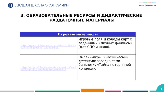 3. ОБРАЗОВАТЕЛЬНЫЕ РЕСУРСЫ И ДИДАКТИЧЕСКИЕ РАЗДАТОЧНЫЕ МАТЕРИАЛЫ Игровые материалы Игровые поля и колоды карт с заданиями «Личные финансы» (для СПО и школ). Онлайн-игры: «Космический детектив: загадка семи банкнот», «Тайна потерянной копилки».   5 