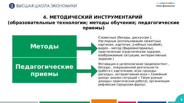 4. МЕТОДИЧЕСКИЙ ИНСТРУМЕНТАРИЙ (образовательные технологии; методы обучения; педагогические приемы) Методы Словесные (беседы, дискуссии ), Наглядные (использование сюжетных картинок, карточек, учебных пособий), видео – метод (Видеоматериалы), практические (практические задания, воображаемые ситуации, интерактивные задание ) Педагогические приемы Мотивация и целеполагание (видеоконтент , беседа) , операционной деятельности (работа с карточками, игра «доходы-расходы», интерактивная игра « Семейный доход» анализ ситуаций « Такие разные доходы» практическая работа), организации рефлексии (продолжи фразу). 6 