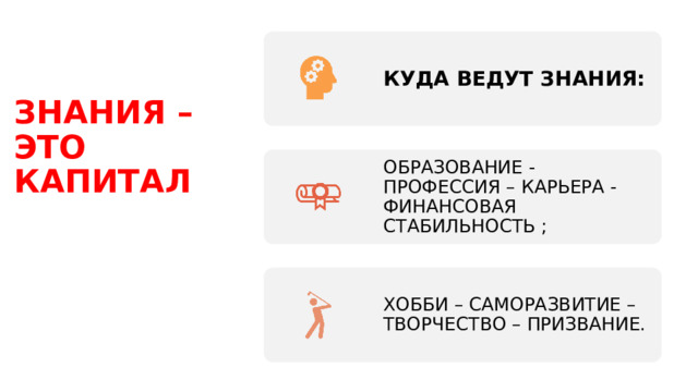 КУДА ВЕДУТ ЗНАНИЯ: ЗНАНИЯ –ЭТО КАПИТАЛ ОБРАЗОВАНИЕ - ПРОФЕССИЯ – КАРЬЕРА - ФИНАНСОВАЯ СТАБИЛЬНОСТЬ ; ХОББИ – САМОРАЗВИТИЕ – ТВОРЧЕСТВО – ПРИЗВАНИЕ. 
