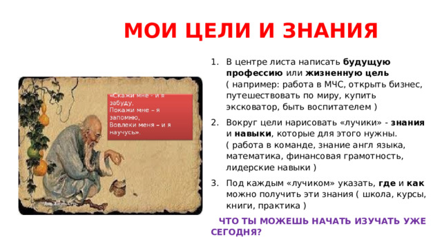  МОИ ЦЕЛИ И ЗНАНИЯ В центре листа написать будущую профессию или жизненную цель ( например: работа в МЧС, открыть бизнес, путешествовать по миру, купить эксковатор, быть воспитателем ) Вокруг цели нарисовать «лучики» - знания и навыки , которые для этого нужны. ( работа в команде, знание англ языка, математика, финансовая грамотность, лидерские навыки ) Под каждым «лучиком» указать, где и как можно получить эти знания ( школа, курсы, книги, практика )  ЧТО ТЫ МОЖЕШЬ НАЧАТЬ ИЗУЧАТЬ УЖЕ СЕГОДНЯ? 