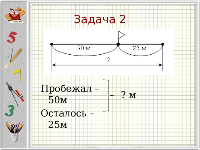 Задача 2 Пробежал – 50м Осталось – 25м ? м 