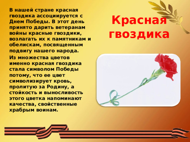   Красная гвоздика     В нашей стране красная гвоздика ассоциируется с Днем Победы. В этот день принято дарить ветеранам войны красные гвоздики, возлагать их к памятникам и обелискам, посвященным подвигу нашего народа.  Из множества цветов именно красная гвоздика стала символом Победы потому, что ее цвет символизирует кровь, пролитую за Родину, а стойкость и выносливость этого цветка напоминают качества, свойственные храбрым воинам. 