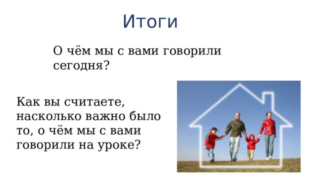 Итоги О чём мы с вами говорили сегодня? Как вы считаете, насколько важно было то, о чём мы с вами говорили на уроке?  