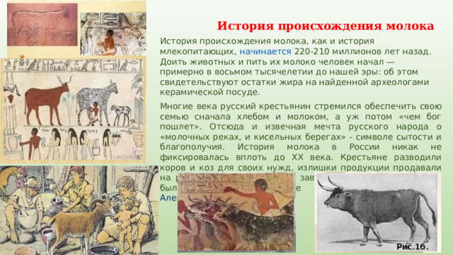 История происхождения молока История происхождения молока, как и история млекопитающих,  начинается   220-210 миллионов лет назад. Доить животных и пить их молоко человек начал — примерно в восьмом тысячелетии до нашей эры: об этом свидетельствуют остатки жира на найденной археологами керамической посуде. Многие века русский крестьянин стремился обеспечить свою семью сначала хлебом и молоком, а уж потом «чем бог пошлет». Отсюда и извечная мечта русского народа о «молочных реках, и кисельных берегах» - символе сытости и благополучия. История молока в России никак не фиксировалась вплоть до XX века. Крестьяне разводили коров и коз для своих нужд, излишки продукции продавали на рынках. Первый большой завод по переработке молока был построен в Москве только в 1910 году  Александром Чичкиным . 