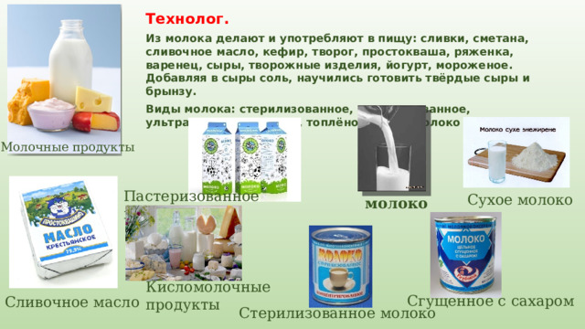 Технолог. Из молока делают и употребляют в пищу: сливки, сметана, сливочное масло, кефир, творог, простокваша, ряженка, варенец, сыры, творожные изделия, йогурт, мороженое. Добавляя в сыры соль, научились готовить твёрдые сыры и брынзу. Виды молока: стерилизованное, пастеризованное, ультрапастеризованное, топлёное, сухое молоко и сгущённое.   Молочные продукты  Пастеризованное молоко Сухое молоко молоко Кисломолочные продукты Сгущенное с сахаром Сливочное масло Стерилизованное молоко 
