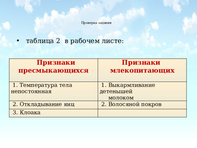   Проверка задания      таблица 2 в рабочем листе:  Признаки пресмыкающихся Признаки  1. Температура тела непостоянная млекопитающих  1. Выкармливание детенышей  2. Откладывание яиц  молоком  2. Волосяной покров  3. Клоака 