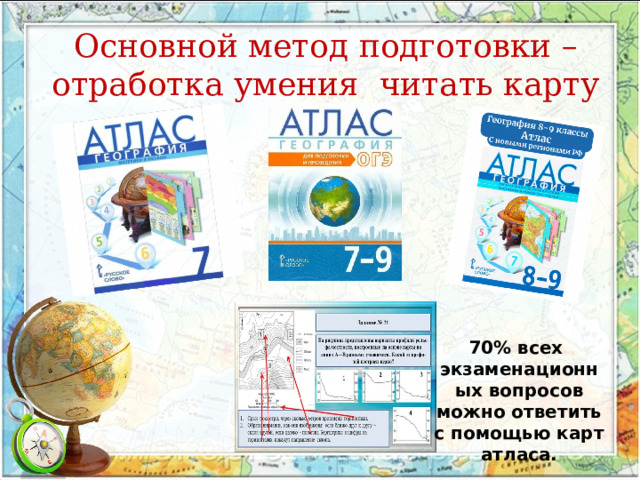 Основной метод подготовки – отработка умения читать карту       70% всех экзаменационных вопросов можно ответить с помощью карт атласа. 
