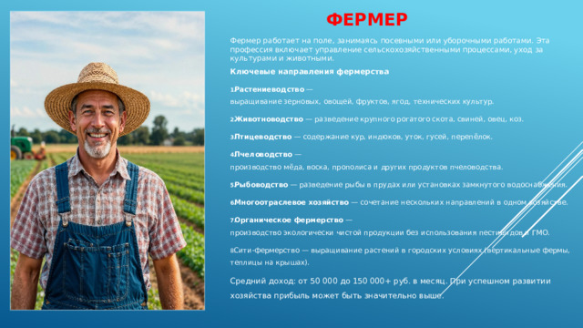 Фермер    Фермер работает на поле, занимаясь посевными или уборочными работами. Эта профессия включает управление сельскохозяйственными процессами, уход за культурами и животными.  Ключевые направления фермерства Растениеводство  — выращивание зерновых, овощей, фруктов, ягод, технических культур. Животноводство  — разведение крупного рогатого скота, свиней, овец, коз. Птицеводство  — содержание кур, индюков, уток, гусей, перепёлок. Пчеловодство  — производство мёда, воска, прополиса и других продуктов пчеловодства. Рыбоводство  — разведение рыбы в прудах или установках замкнутого водоснабжения. Многоотраслевое хозяйство  — сочетание нескольких направлений в одном хозяйстве. Органическое фермерство  — производство экологически чистой продукции без использования пестицидов и ГМО. Сити‑фермерство — выращивание растений в городских условиях (вертикальные фермы, теплицы на крышах). Средний доход: от 50 000 до 150 000+ руб. в месяц. При успешном развитии хозяйства прибыль может быть значительно выше. 
