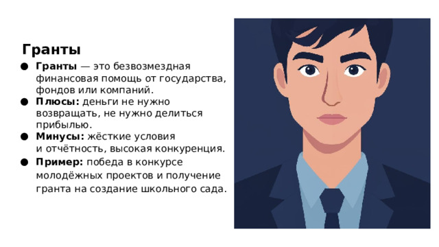 Гранты Гранты  — это безвозмездная финансовая помощь от государства, фондов или компаний. Плюсы: деньги не нужно возвращать, не нужно делиться прибылью. Минусы: жёсткие условия и отчётность, высокая конкуренция. Пример: победа в конкурсе молодёжных проектов и получение гранта на создание школьного сада.  