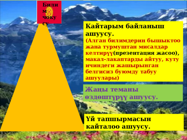 Билим чокусу Кайтарым байланыш ашуусу. (Алган билимдерин бышыктоо жана турмуштан мисалдар келтирүү (презентация жасоо), макал-лакаптарды айтуу, куту ичиндеги жашырынган белгисиз буюмду табуу ашуулары) Жаңы теманы өздөштүрүү ашуусу. Үй тапшырмасын кайталоо ашуусу. 