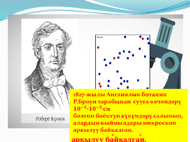 1827-жылы Англиялык ботаник Р.Броун тарабынан сууга өлчөмдөрү -см   болгон боёктун күкүмдөрү салынып, алардын кыймылдары микроскоп аркылуу байкалган. 