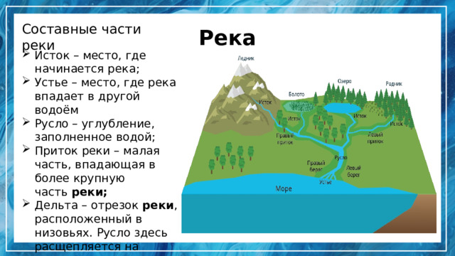 Река Составные части реки Исток – место, где начинается река; Устье – место, где река впадает в другой водоём Русло – углубление, заполненное водой; Приток реки – малая часть, впадающая в более крупную часть  реки; Дельта – отрезок  реки , расположенный в низовьях. Русло здесь расщепляется на многочисленные ветви протоков 