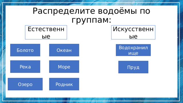 Распределите водоёмы по группам: Естественные Искусственные Болото Океан Водохранилище Река Море Пруд Озеро Родник 