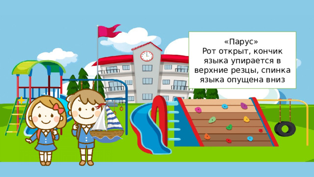 «Парус» Рот открыт, кончик языка упирается в верхние резцы, спинка языка опущена вниз   