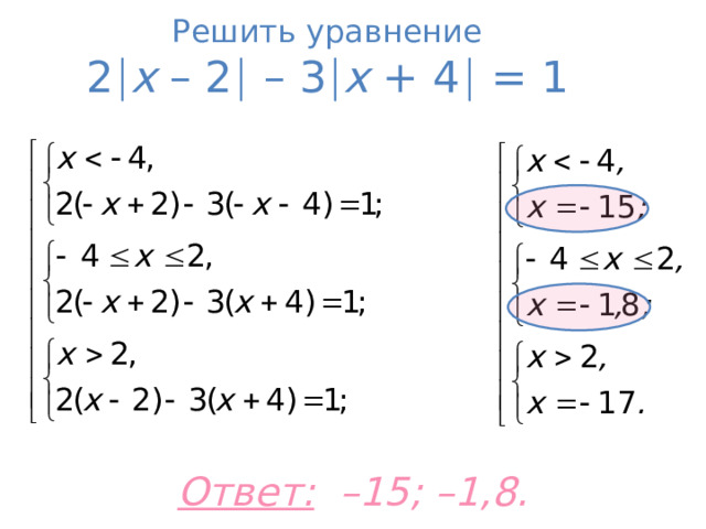 Решить уравнение  2  x – 2   – 3  х + 4   = 1 Ответ:   –15; –1,8. 