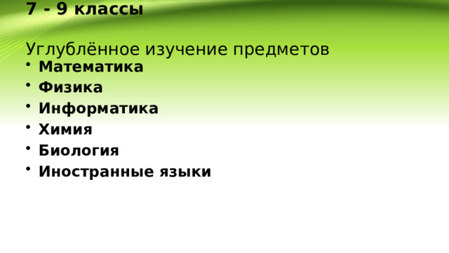  7 - 9 классы   Углублённое изучение предметов  Математика Физика Информатика Химия Биология Иностранные языки 