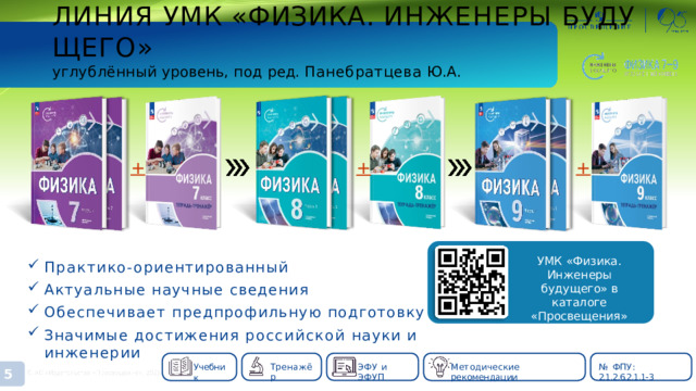 ЛИНИЯ  УМК  «ФИЗИКА.  ИНЖЕНЕРЫ  БУДУЩЕГО»  углублённый  уровень,  под  ред.  Панебратцева  Ю.А. Практико- ориентированный Актуальные  научные  сведения Обеспечивает  предпрофильную подготовку Значимые  достижения российской науки  и  инженерии УМК  «Физика. Инженеры  будущего» в  каталоге «Просвещения» Тренажёр ЭФУ  и  ЭФУП №  ФПУ:  2.1.2.6.2.1.1- 3 Методические  рекомендации Учебник 5 