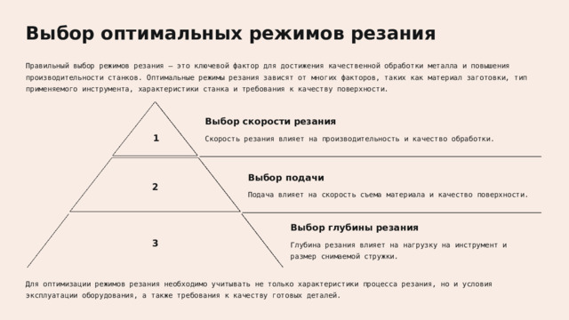  Выбор оптимальных режимов резания Правильный выбор режимов резания – это ключевой фактор для достижения качественной обработки металла и повышения производительности станков. Оптимальные режимы резания зависят от многих факторов, таких как материал заготовки, тип применяемого инструмента, характеристики станка и требования к качеству поверхности. Выбор скорости резания 1 Скорость резания влияет на производительность и качество обработки. Выбор подачи 2 Подача влияет на скорость съема материала и качество поверхности. Выбор глубины резания 3 Глубина резания влияет на нагрузку на инструмент и размер снимаемой стружки. Для оптимизации режимов резания необходимо учитывать не только характеристики процесса резания, но и условия эксплуатации оборудования, а также требования к качеству готовых деталей. 