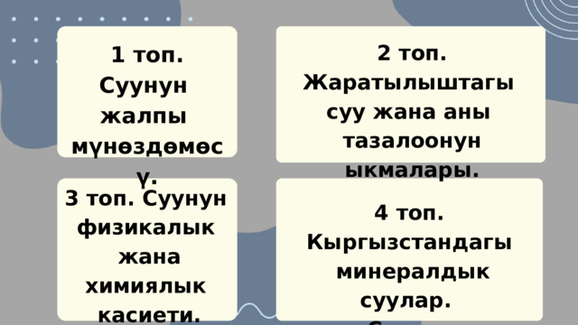 2 топ. Жаратылыштагы суу жана аны тазалоонун ыкмалары. 1 топ. Суунун жалпы мүнөздөмөсү. 3 топ. Суунун физикалык жана химиялык касиети. 4 топ. Кыргызстандагы  минералдык суулар. Суунун колдонулушу. 