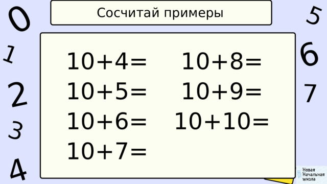 1 0 5 4 2 6 7 3 Сосчитай примеры 10+4= 10+8= 10+5= 10+9= 10+6= 10+10= 10+7= 