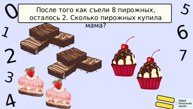 1 0 5 6 4 2 7 3 После того как съели 8 пирожных, осталось 2. Сколько пирожных купила мама? 