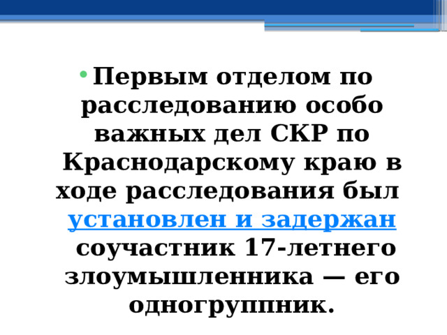 Первым отделом по расследованию особо важных дел СКР по Краснодарскому краю в ходе расследования был  установлен и задержан  соучастник 17-летнего злоумышленника — его одногруппник. 