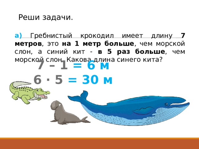 Реши задачи. а) Гребнистый крокодил имеет длину 7 метров , это на 1 метр больше , чем морской слон, а синий кит - в 5 раз больше , чем морской слон. Какова длина синего кита? 7 – 1  = 6 м 6 · 5  = 30 м 