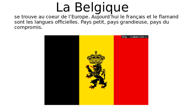  La Belgique  se trouve au coeur de l’Europe. Aujourd’hui le français et le flamand sont les langues officielles. Pays petit, pays grandieuse, pays du compromis. 