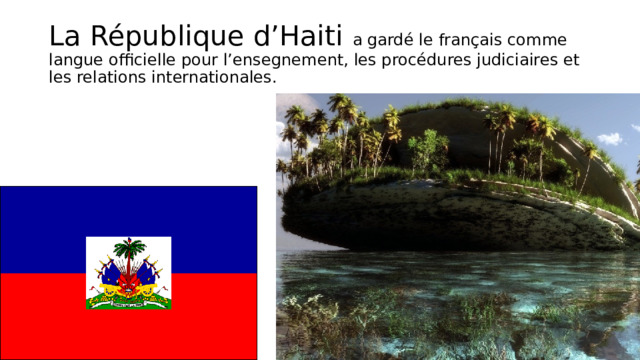 La République d’Haiti a gardé le français comme langue officielle pour l’ensegnement, les procédures judiciaires et les relations internationales. 
