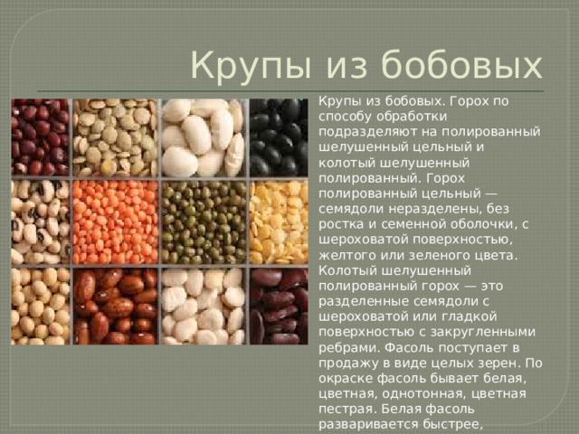 Крупы из бобовых Крупы из бобовых. Горох по способу обработки подразделяют на полированный шелушенный цельный и колотый шелушенный полированный. Горох полированный цельный — семядоли неразделены, без ростка и семенной оболочки, с шероховатой поверхностью, желтого или зеленого цвета. Колотый шелушенный полированный горох — это разделенные семядоли с шероховатой или гладкой поверхностью с закругленными ребрами. Фасоль поступает в продажу в виде целых зерен. По окраске фасоль бывает белая, цветная, однотонная, цветная пестрая. Белая фасоль разваривается быстрее, используется для приготовления первых блюд, цветная фасоль — для приготовления вторых блюд. 