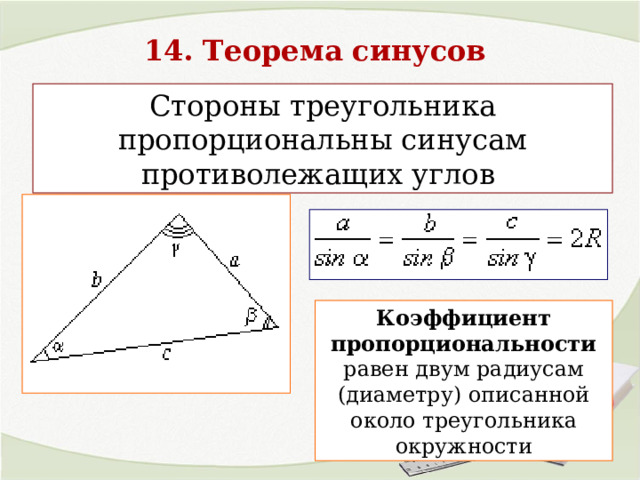 14. Теорема синусов Стороны треугольника пропорциональны синусам противолежащих углов Коэффициент пропорциональности равен двум радиусам (диаметру) описанной около треугольника окружности 