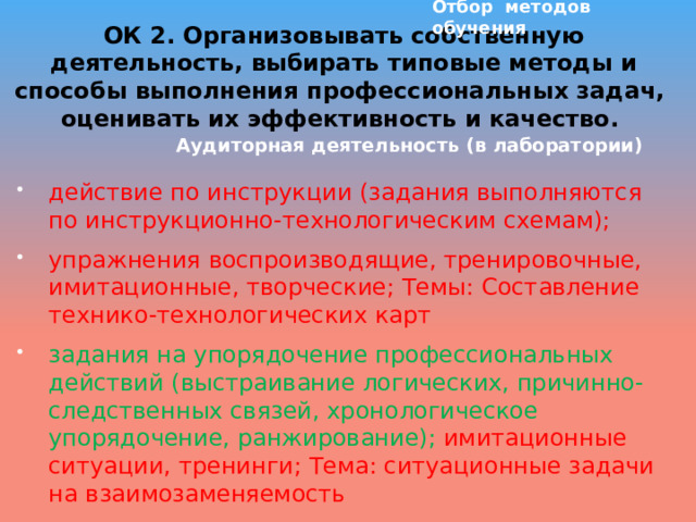 Отбор методов обучения ОК 2. Организовывать собственную деятельность, выбирать типовые методы и способы выполнения профессиональных задач, оценивать их эффективность и качество.    Аудиторная деятельность (в лаборатории)  действие по инструкции (задания выполняются по инструкционно-технологическим схемам); упражнения воспроизводящие, тренировочные, имитационные, творческие; Темы: Составление технико-технологических карт задания на упорядочение профессиональных действий (выстраивание логических, причинно-следственных связей, хронологическое упорядочение, ранжирование); имитационные ситуации, тренинги; Тема: ситуационные задачи на взаимозаменяемость 