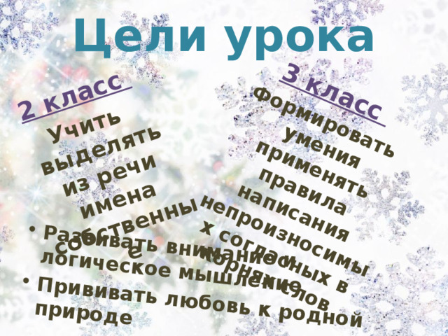 2 класс Развивать внимание и логическое мышление Прививать любовь к родной природе Учить выделять из речи имена собственные 3 класс Формировать умения применять правила написания непроизносимых согласных в корнях слов Цели урока 