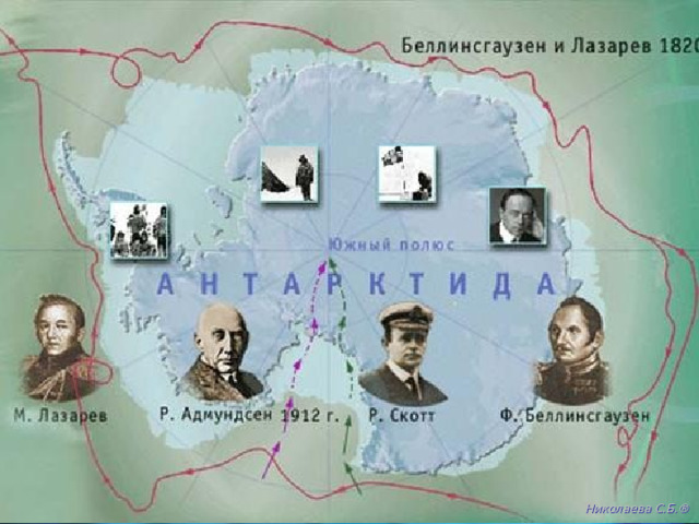 Открытие шестого континента Северный полюс – математически рассчитанную точку – человечество пыталось покорить около 100 лет: американцы Пири и Кук шли туда на собачьих упряжках, швед Август Андре летел туда на воздушном шаре и погиб не дойдя 800 км до С.П., сборная экспедиция из норвежцев, шведов, американцев под руководством итальянца Умберто Нобиле пролетела над С,П, на дирижабле, рядом с СП прошла первая дрейфующая полярная станция Ивана Дмитриевича Папанина …Эта неопределенность породила очень много споров и скандалов. И только в апреле 1948 г. Советская высокоширотная экспедиция «Север», проводя цикл разнообразных измерений в Центральной Арктике, получила глубину океана в точке полюса, равную 4033 м. Но вернемся к ЮП. Ответ на вопрос: кто достиг полюса первым, прозвучал здесь почти мгновенно. В октябре 1911 г. почти одновременно двинулись 2 экспедиции: английская и норвежская. Познакомься поближе с этими экспедициями. Николаева С.Б. ®  