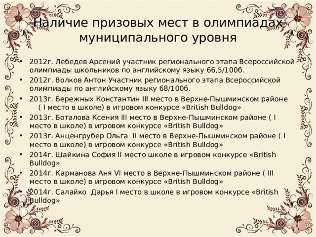 Наличие призовых мест в олимпиадах муниципального уровня 2012г. Лебедев Арсений участник регионального этапа Всероссийской олимпиады школьников по английскому языку 66,5/100б. 2012г. Волков Антон Участник регионального этапа Всероссийской олимпиады по английскому языку 68/100б. 2013г. Бережных Константин III место в Верхне-Пышминском районе ( I место в школе) в игровом конкурсе « British Bulldog » 2013г. Боталова Ксения III место в Верхне-Пышминском районе ( I место в школе) в игровом конкурсе « British Bulldog » 2013г. Анценгрубер Ольга II место в Верхне-Пышминском районе ( I место в школе) в игровом конкурсе « British Bulldog » 2014г. Шайкина София II место школе в игровом конкурсе « British Bulldog » 2014г. Карманова Аня VI место в Верхне-Пышминском районе ( III место в школе) в игровом конкурсе « British Bulldog » 20 14г. Салайко Дарья I место в школе в игровом конкурсе « British Bulldog » 