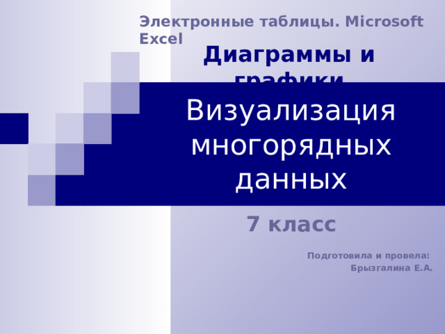 Электронные таблицы. Microsoft Excel Диаграммы и графики Визуализация многорядных данных 7 класс  Подготовила и провела: Брызгалина Е.А. 